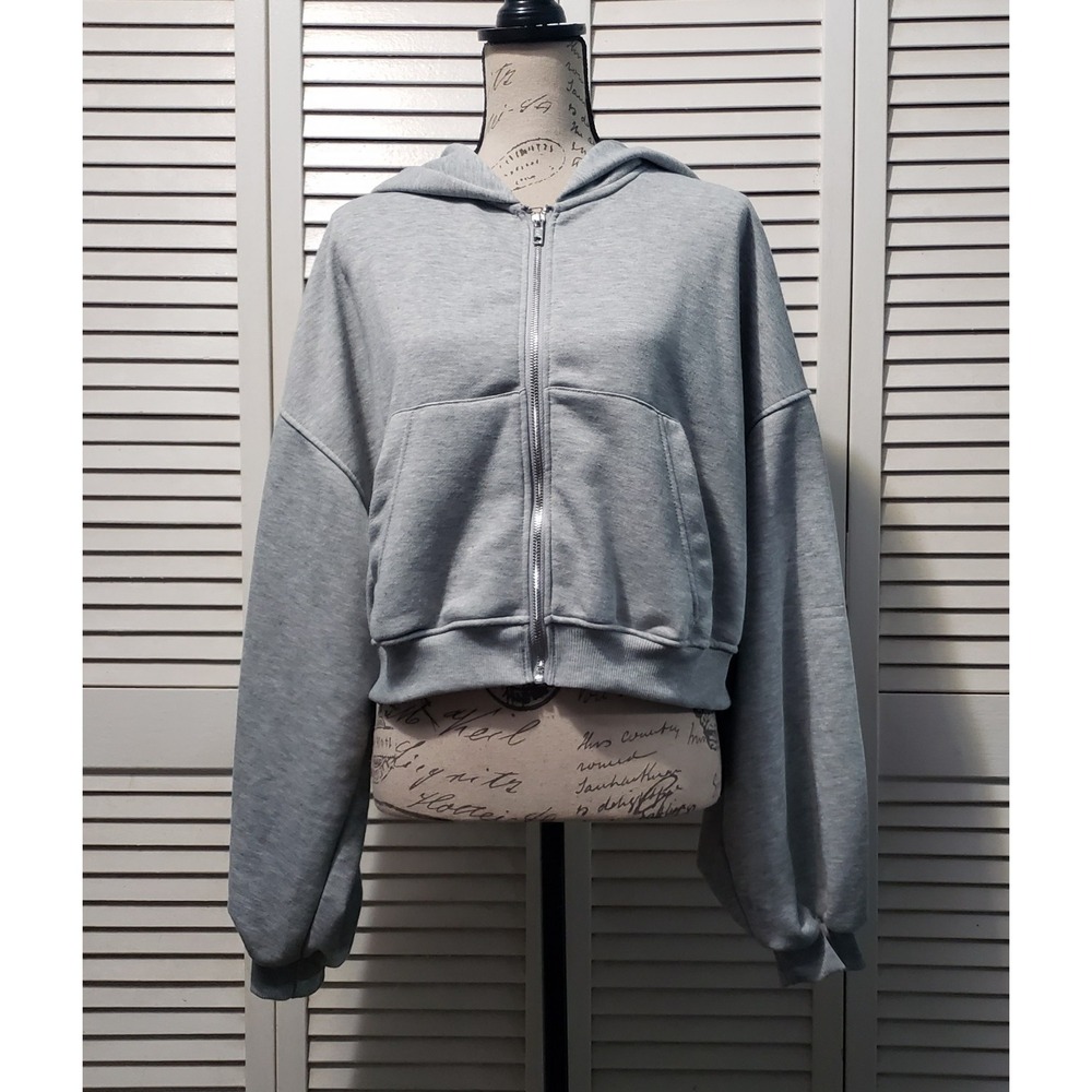 Sumwon Oversized Cropped Hoodie Women's Size Small Gray Relaxed Fit Full Zip‎
